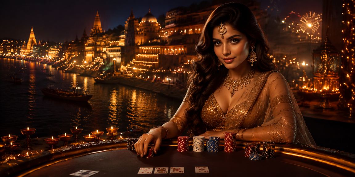People playing rummy card game at Varanasi Ghat during festival